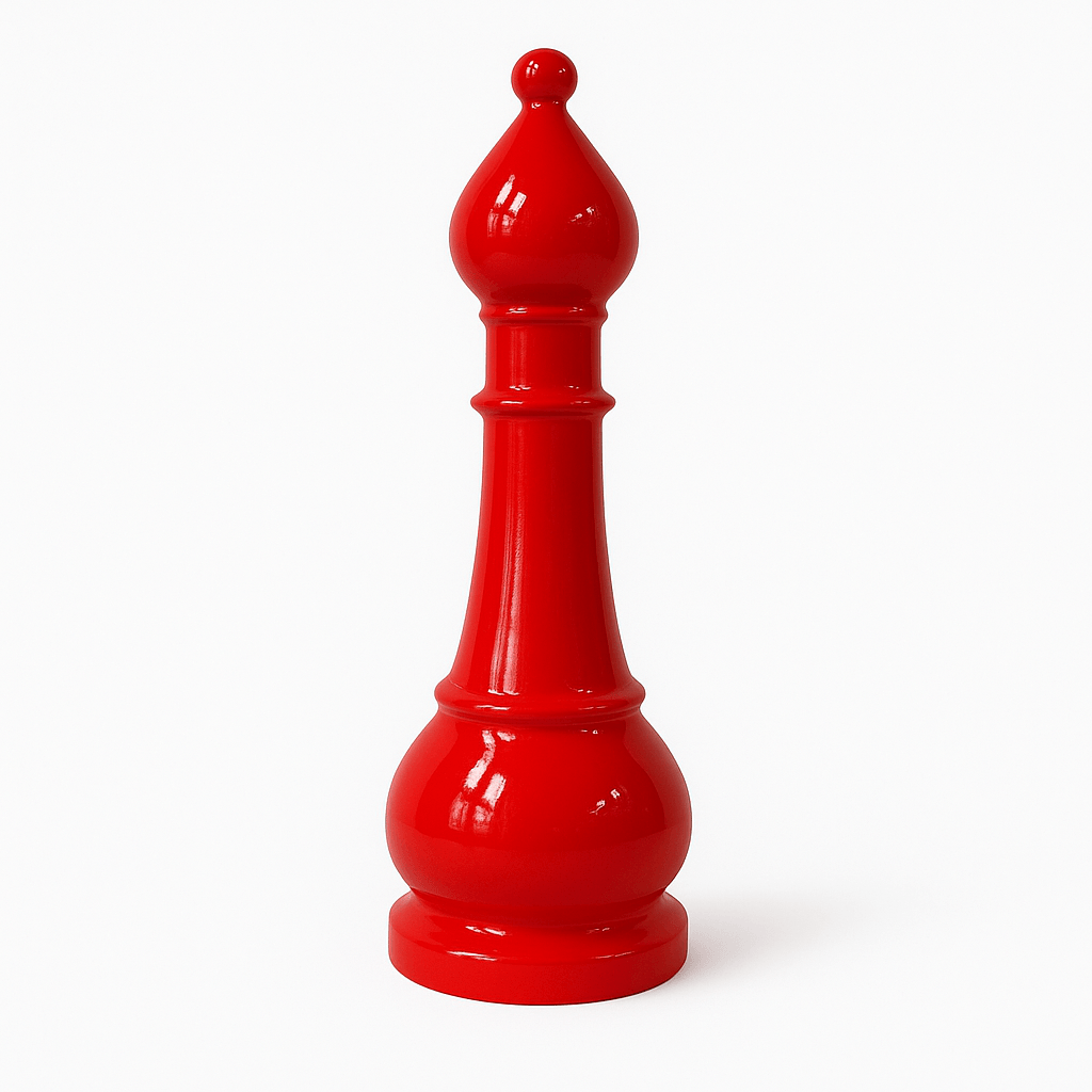 Statue d’échecs GRANDIOSE en résine rouge représentant un fou, hauteur 1m40. Design contemporain pour décoration extérieure ou intérieure.