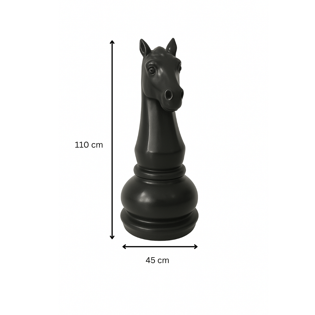 Statue échecs GRANDIOSE représentant un cavalier noir en résine de 110 cm de hauteur et 45 cm de largeur. Design moderne pour déco extérieure.