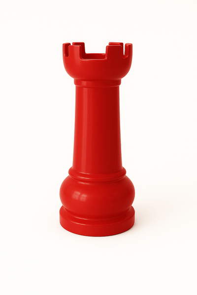Tour d’échecs géante rouge en résine de 1m40, modèle GRANDIOSE. Sculpture décorative contemporaine pour jardin ou terrasse, résistante aux intempéries.
